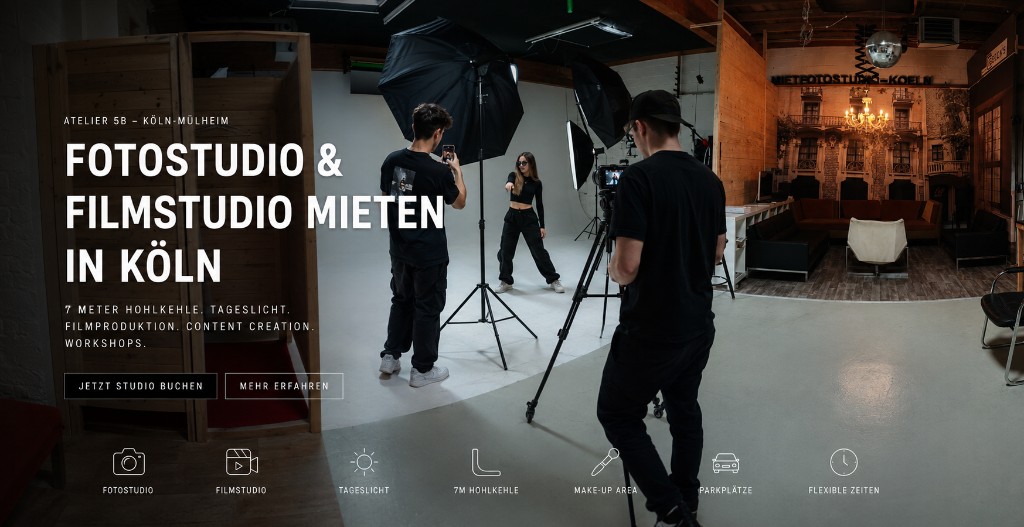 Fotostudio und Filmstudio mieten in Köln – Atelier 5b mit 7 m Hohlkehle